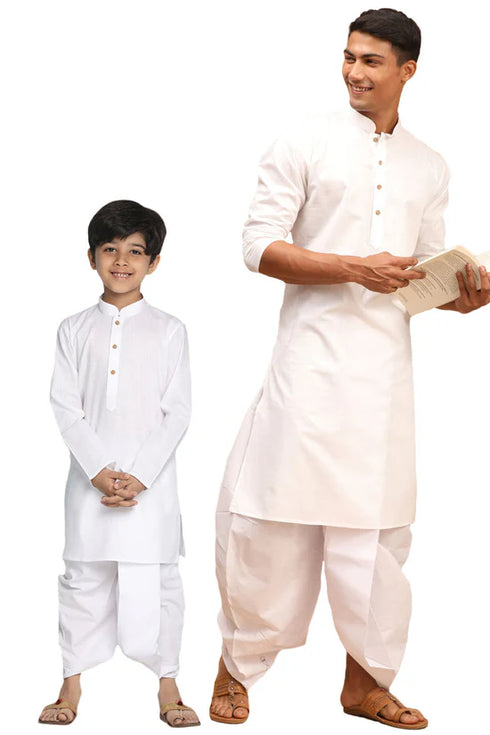 VASTRAMAY White Cotton Baap Beta Kurta Dhoti Set